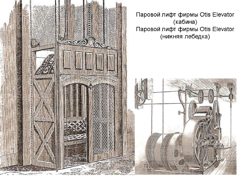 Паровой лифт фирмы Otis Elevator (кабина) Паровой лифт фирмы Otis Elevator (нижняя лебедка) Паровой лифт фирмы Otis Elevator (кабина) Паровой лифт фирмы Otis Elevator (нижняя лебедка)